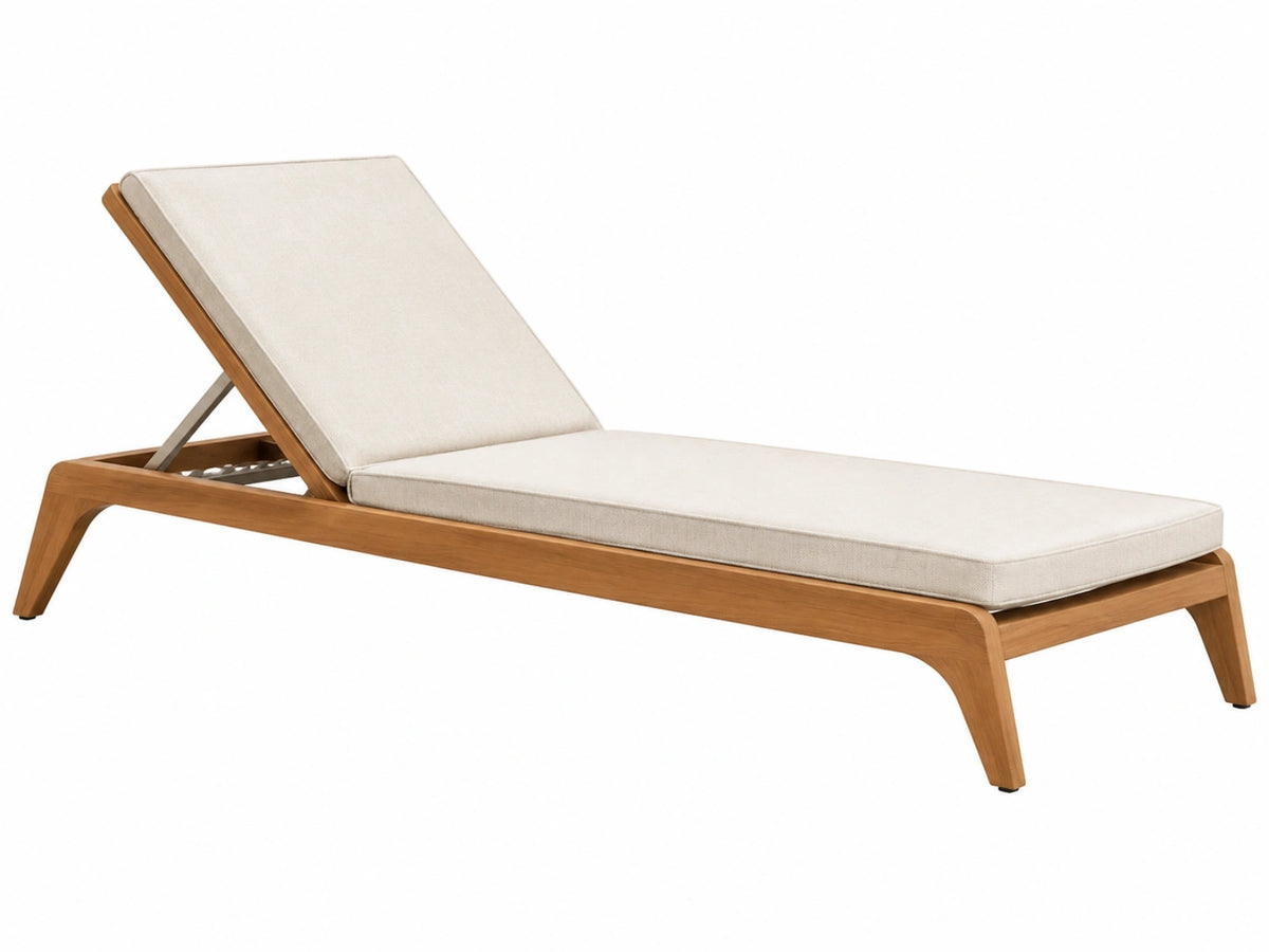 Ligbed 200 x 70 x 35 cm met houten frame en beige stoffen kussen - verstelbare rugleuning voor buiten