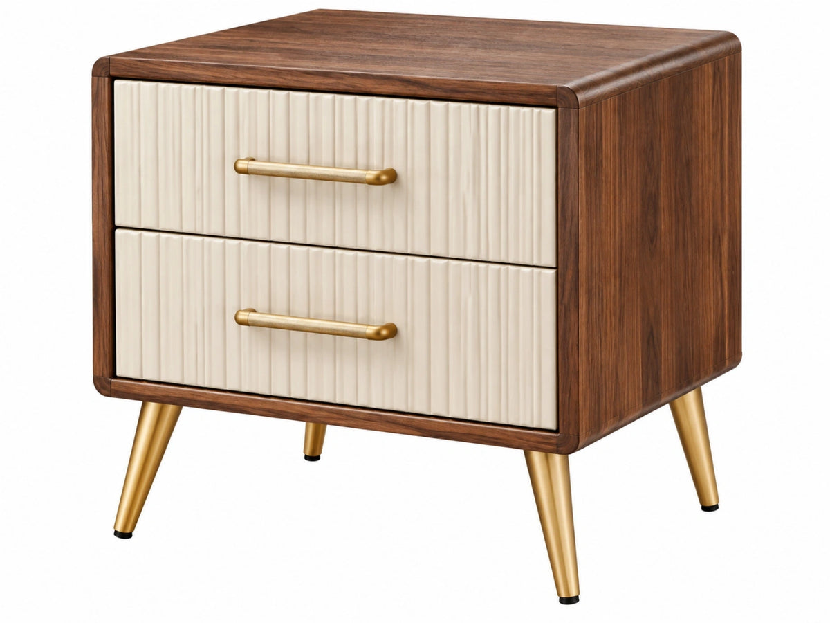 Nachtkastje 60 x 40 x 60 cm houtlook crème goud - 2 laden geribbelde moderne stijl