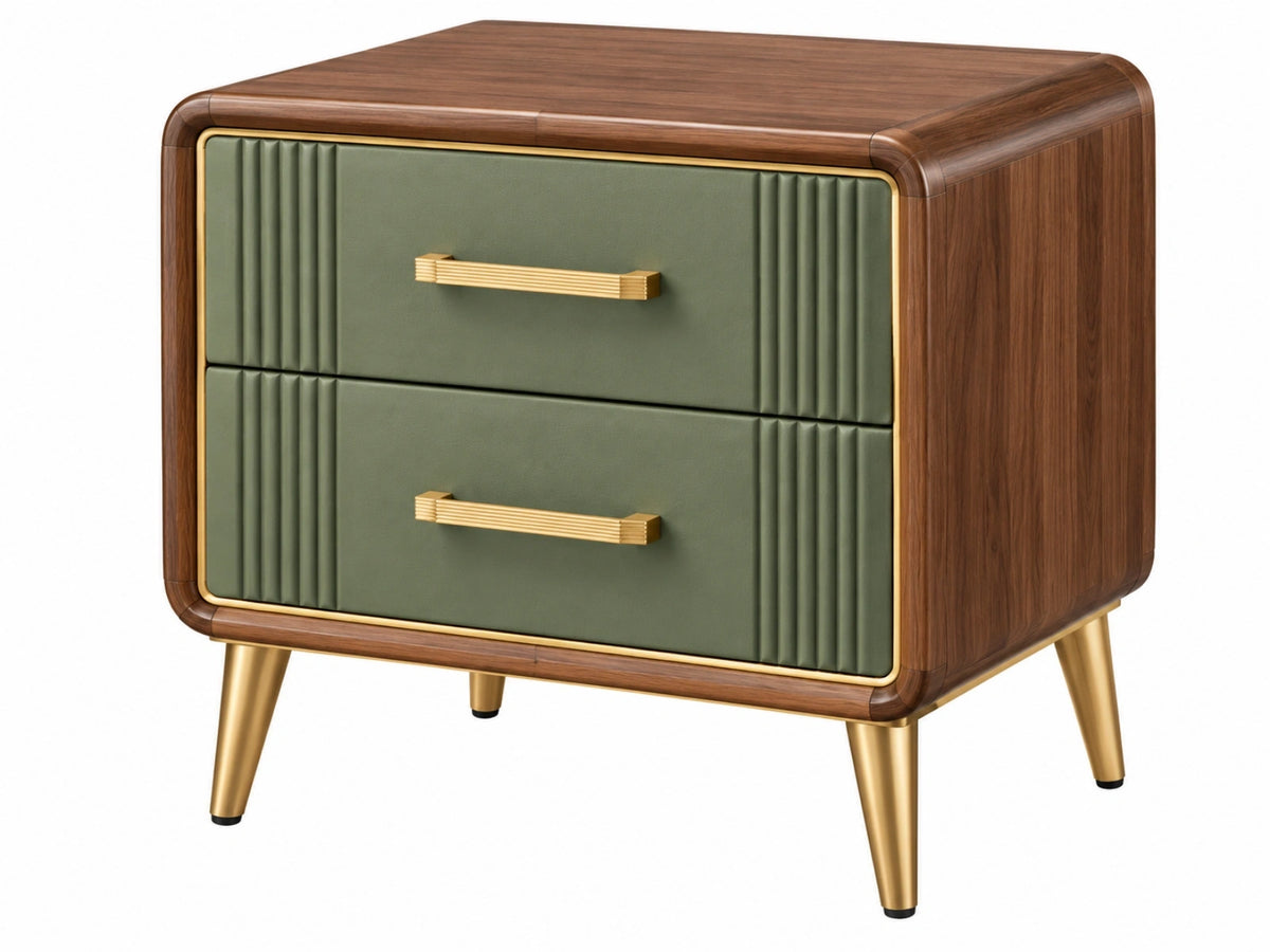 Nachtkastje 60 x 45 x 60 cm houtfineer groen kunstleer met twee laden - retrostijl