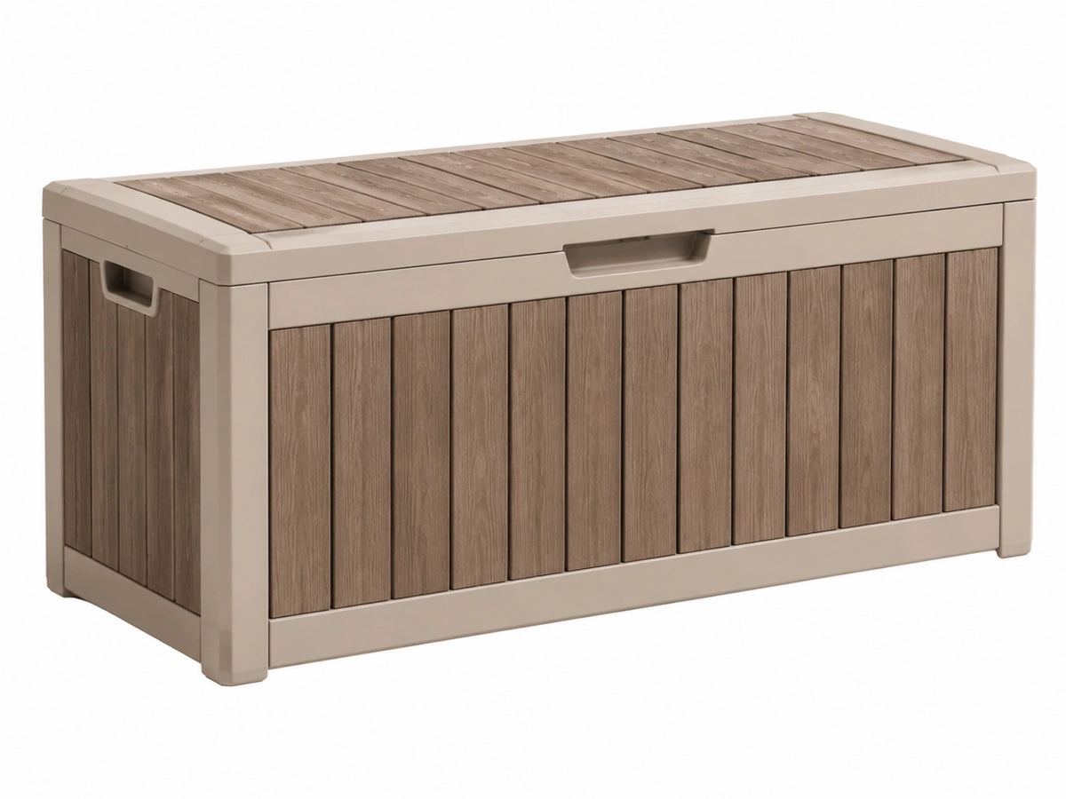 Opbergkist 120 x 60 x 65 cm kunststof taupe houtlook voor buiten