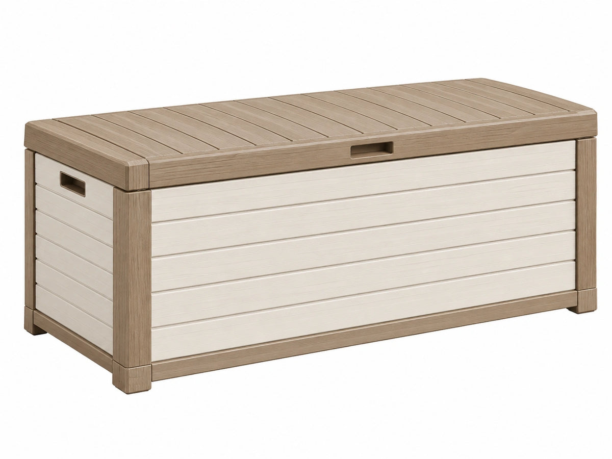 Opbergkist 120 x 60 x 63 cm - kunststof beige/bruin met houtlook voor tuin