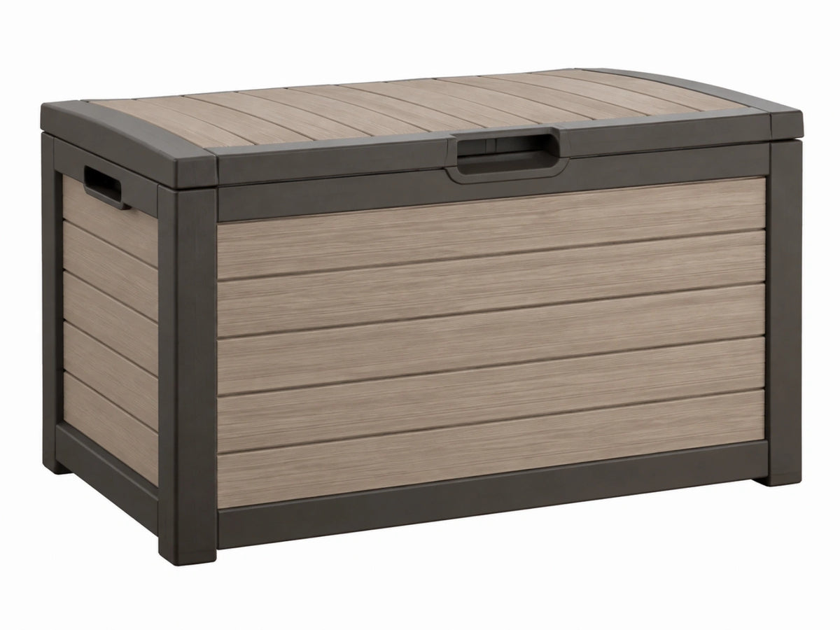 Kunststof opbergbox 120 x 60 x 63 cm taupe/antraciet voor buiten - houtlook met deksel
