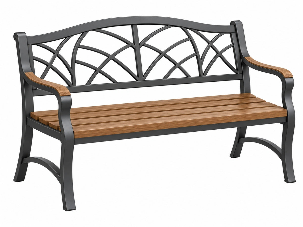 Tuinbank 150 x 65 x 90 cm metaal en hout zwart/bruin - decoratieve rugleuning voor buiten