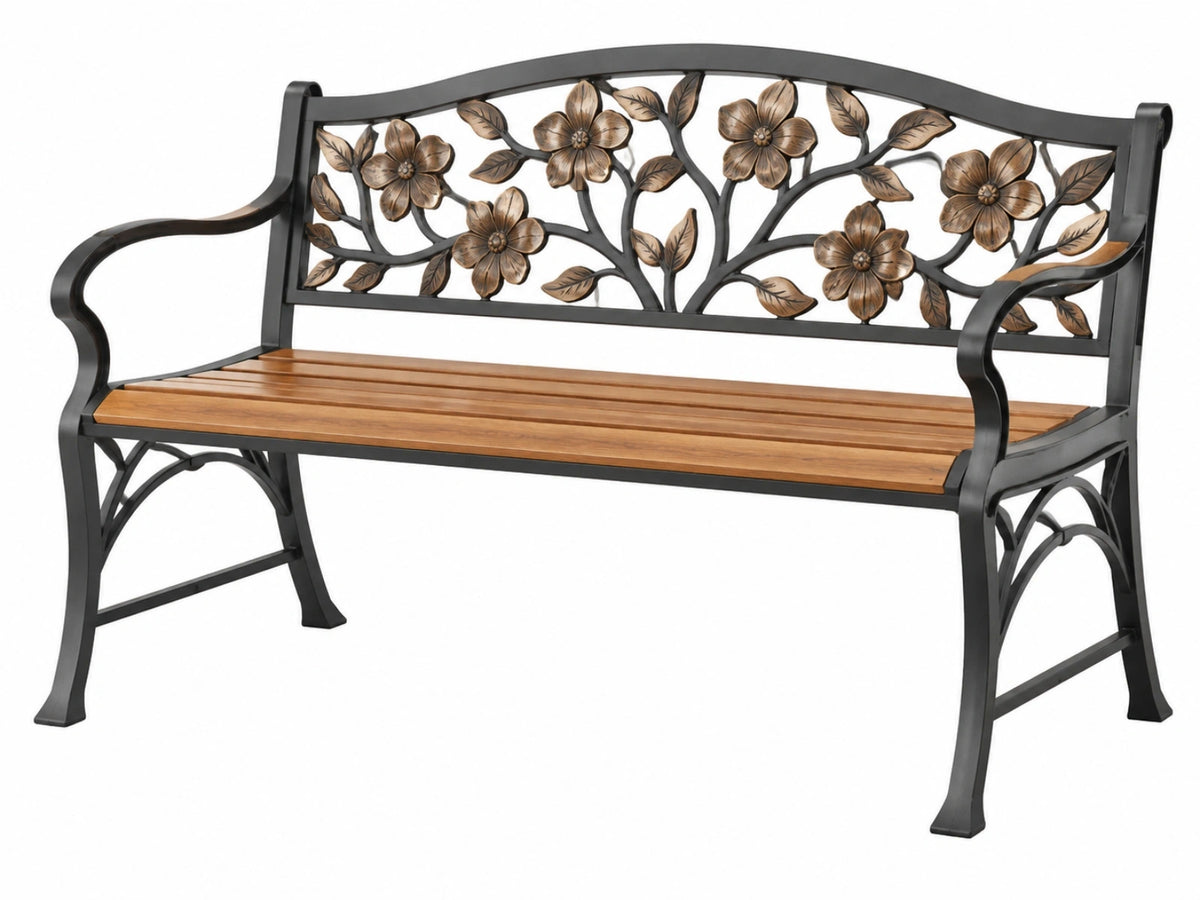 Tuinbank 122 x 61 x 91 cm staal en hout zwart/bruin met bloemenpatroon