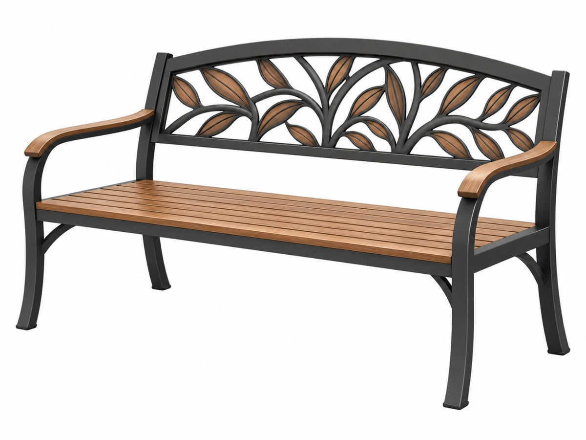 Tuinbank 122 x 62 x 92 cm - metaal en hout bruin zwart met bladmotief