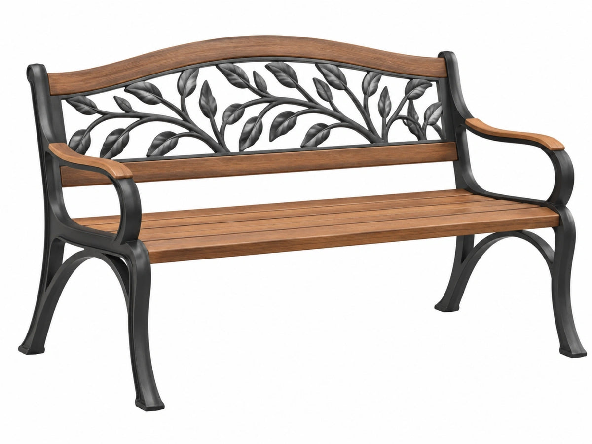 Tuinbank 120 x 60 x 90 cm metaal en hout bruin zwart - buitenbank met bladmotief