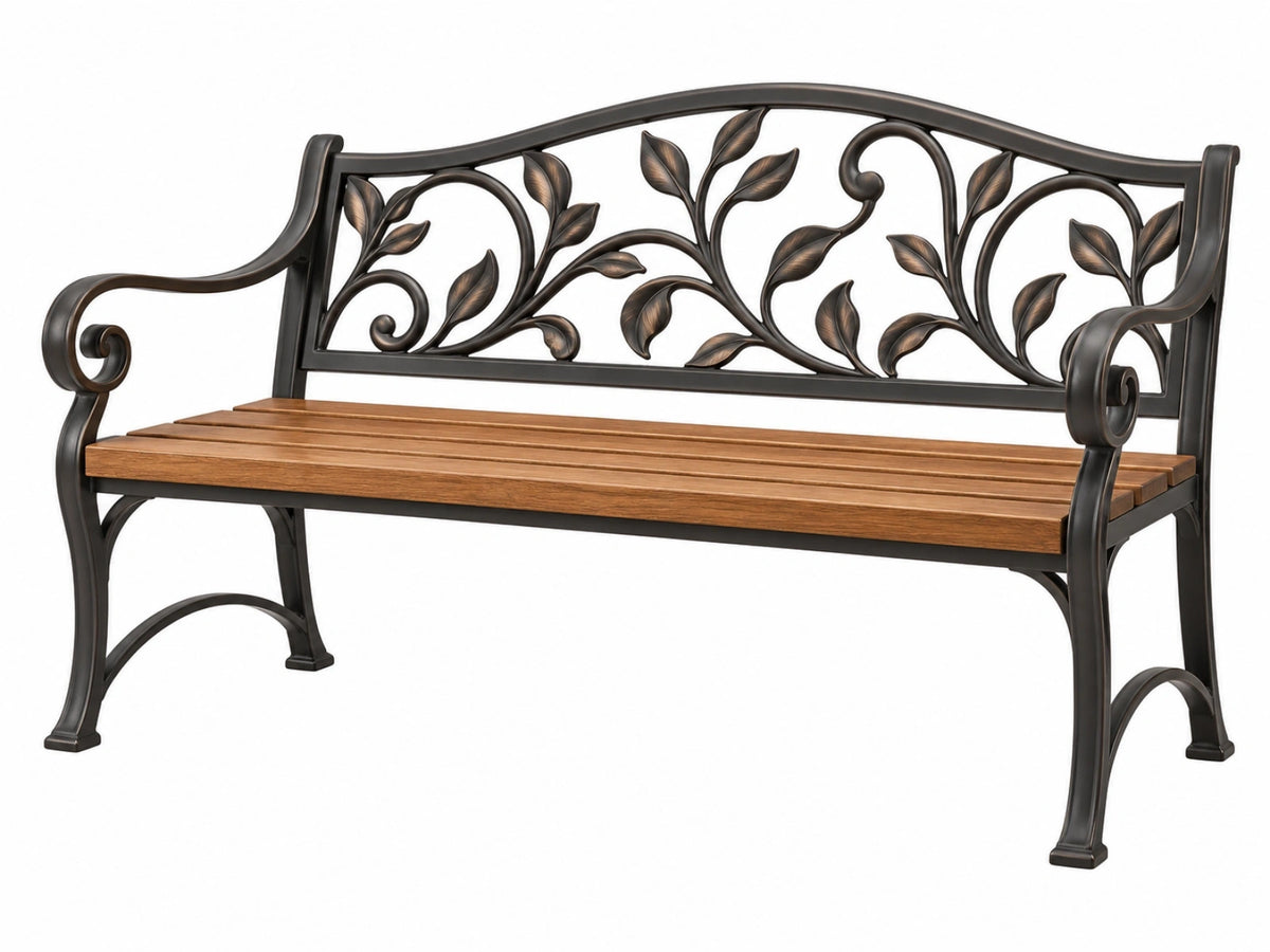 Tuinbank 120 x 60 x 90 cm metaal en hout zwart/bruin klassiek bladmotief