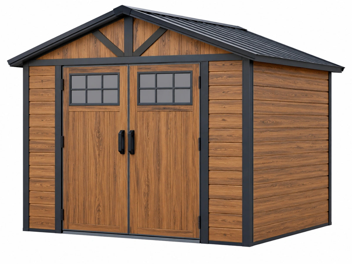 Tuinberging 300 x 240 x 230 cm hout bruin zwart met dubbele deur en metalen dak