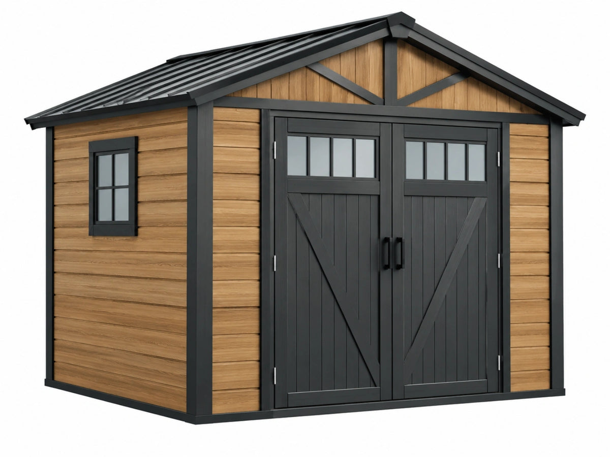 Tuinhuis 300 x 250 cm hout zwart met metalen dak en dubbele deuren landelijke stijl