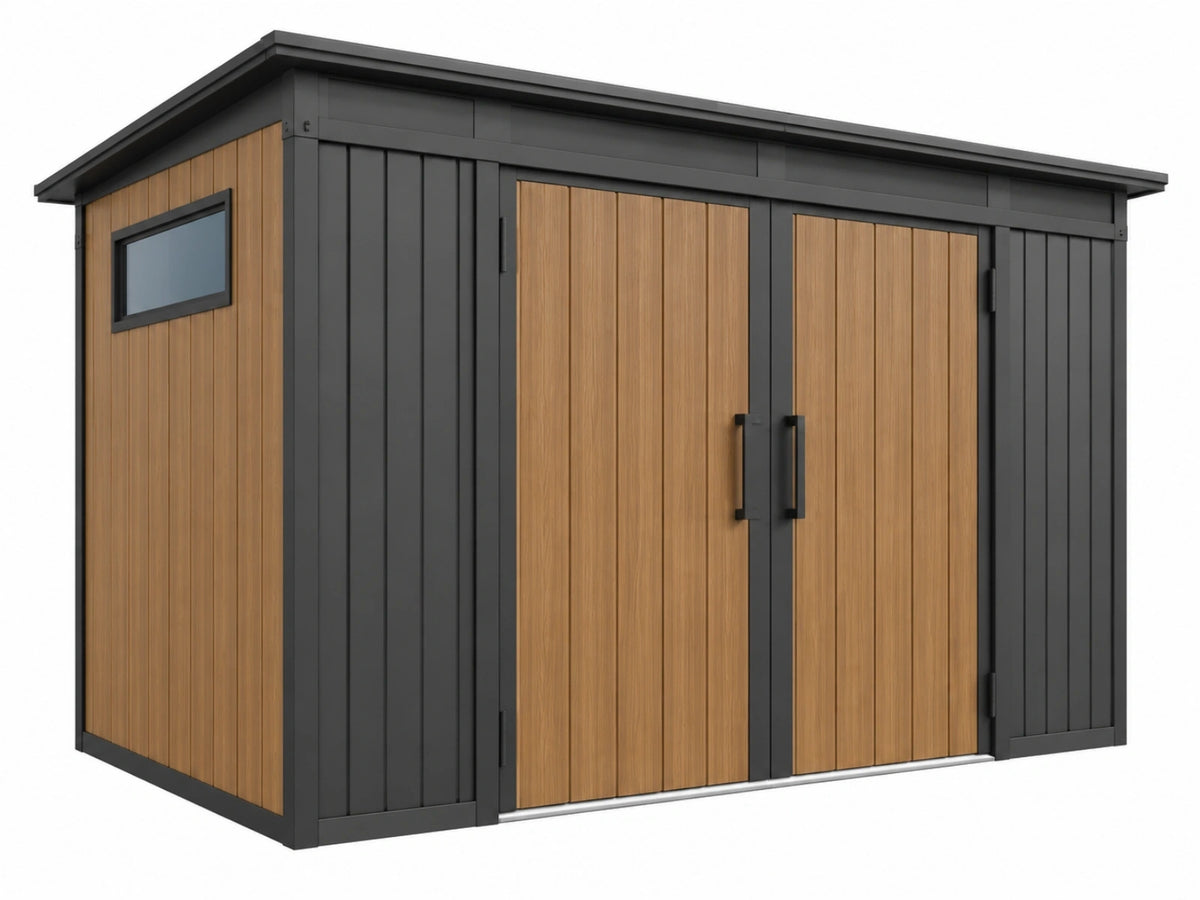 Tuinschuur 300 x 200 x 220 cm antraciet en houtkleur met dubbele deuren