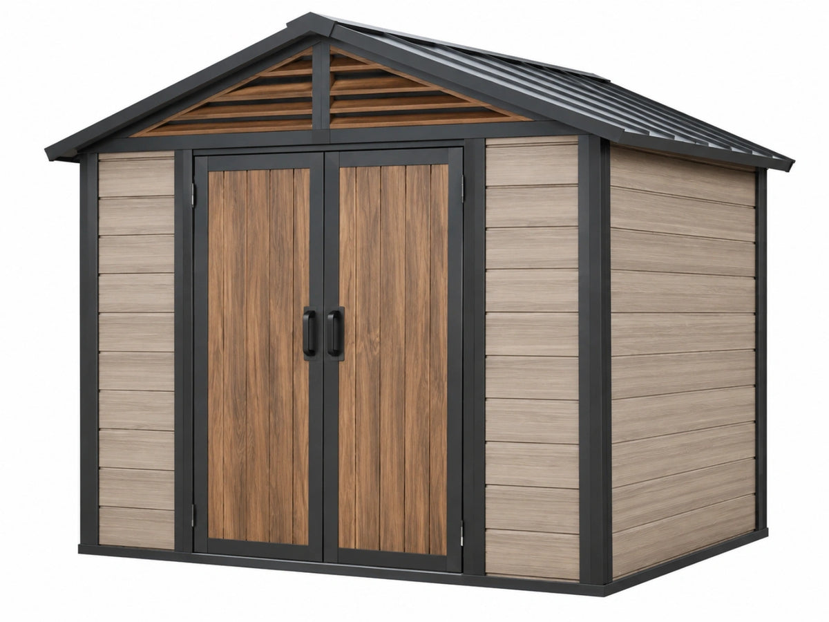 Tuinberging 200 x 150 x 200 cm houtlook kunststof met metalen frame - dubbele deuren en zadeldak