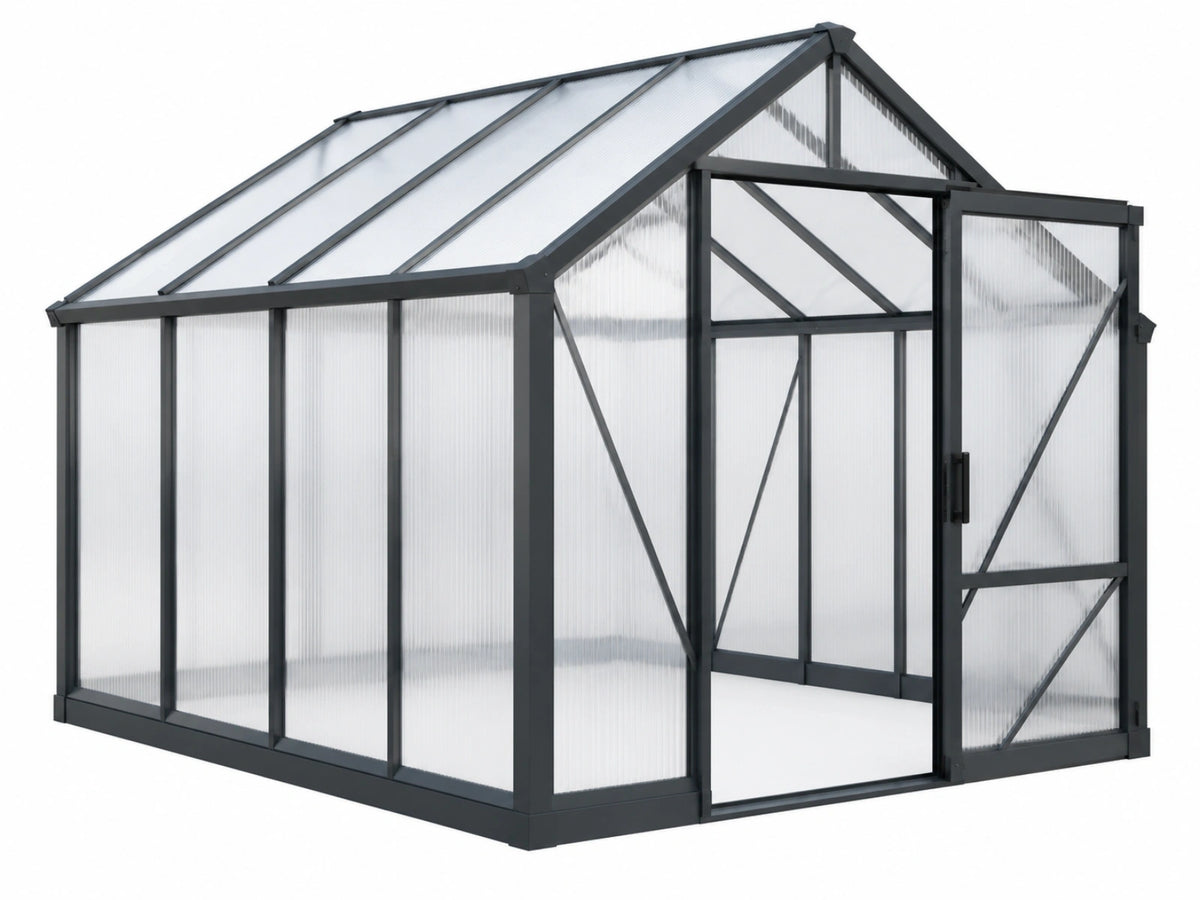 Tuinkas 190 x 190 x 195 cm aluminium zwart polycarbonaat voor kweek - zadeldak met draaideur
