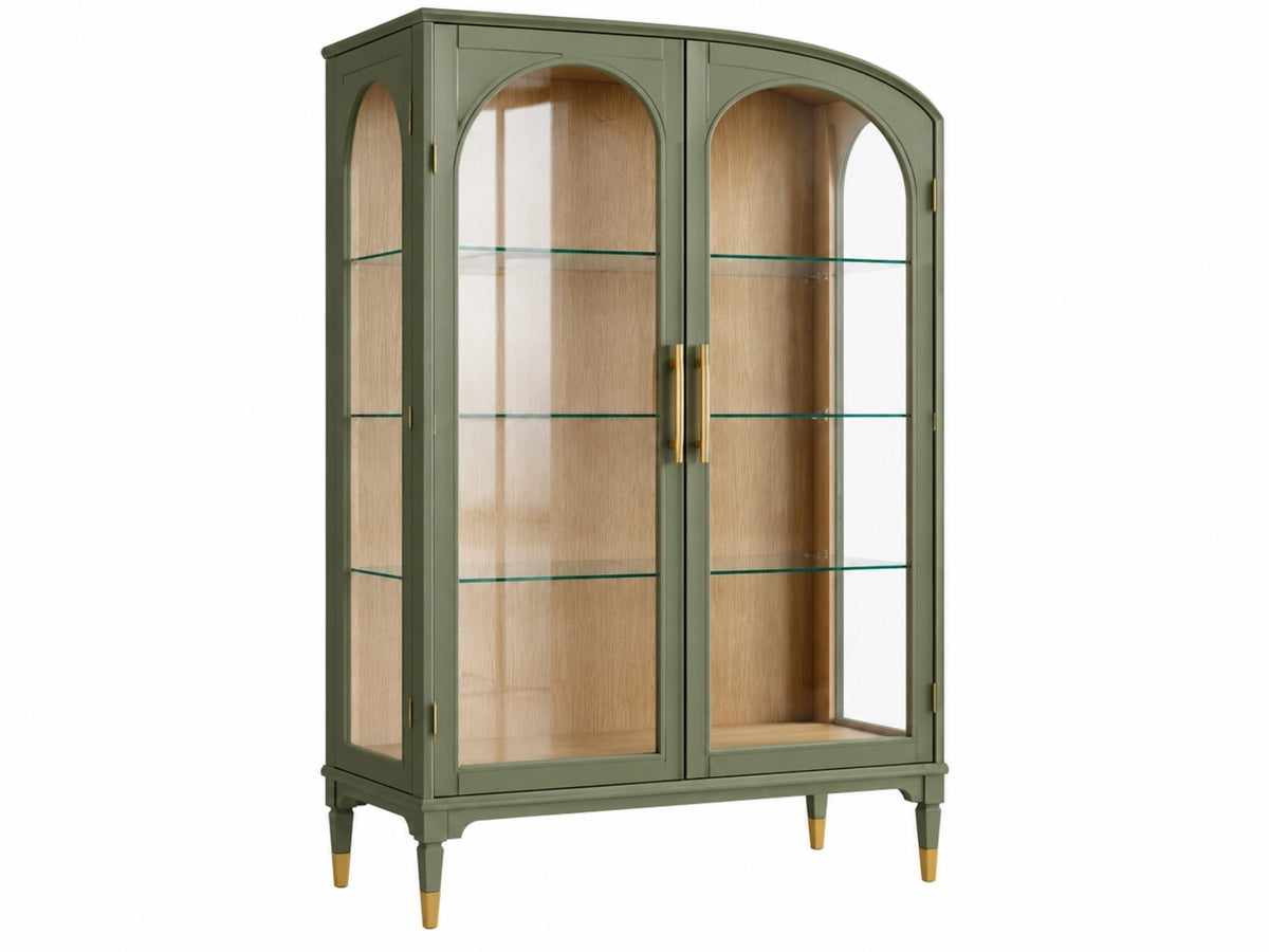 Vitrinekast 100 x 45 x 180 cm groen hout met glazen deuren klassiek