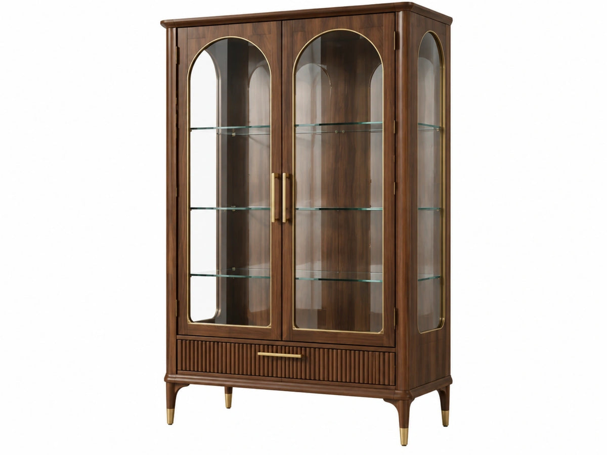 Vitrinekast 100 x 45 x 190 cm hout en glas bruin met goudkleurige details
