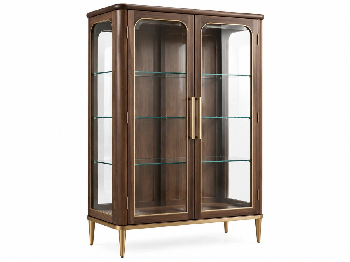 Vitrinekast 100 x 45 x 180 cm donkerbruin hout en glas klassiek met glazen deuren