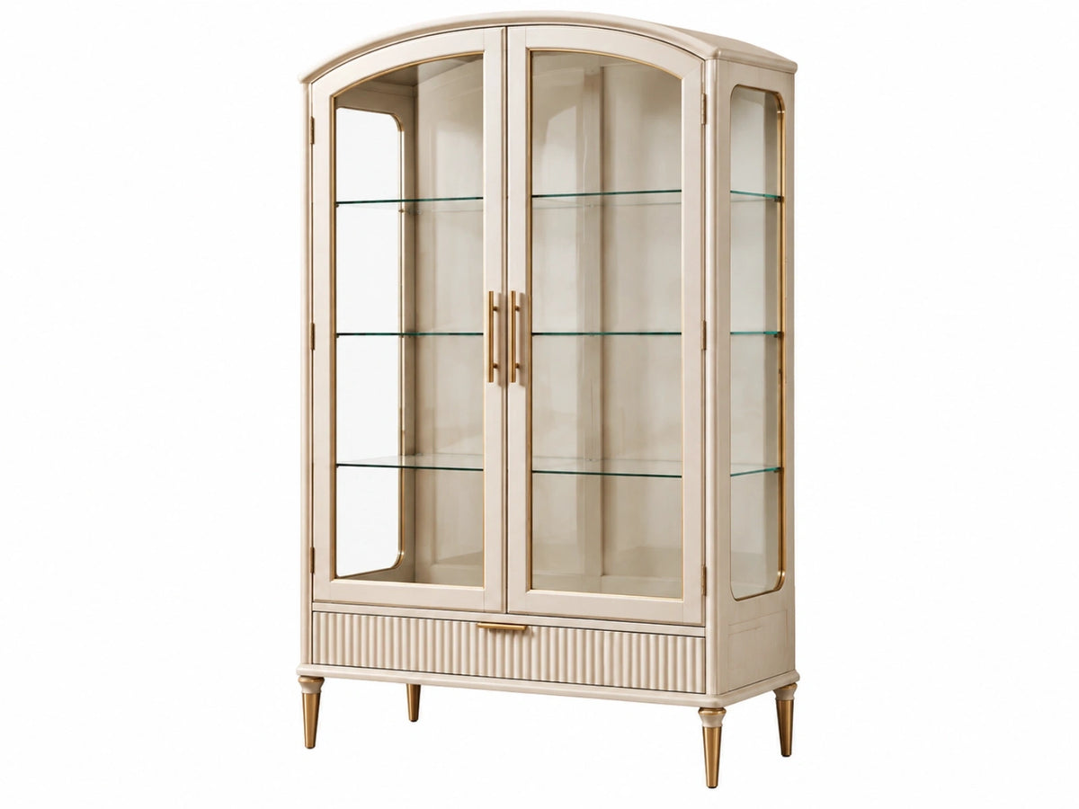 Vitrinekast 100 x 45 x 190 cm crème glas en hout met goudkleurige details - opbergkast